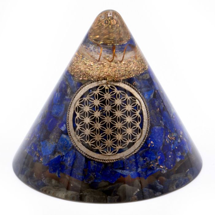 Cone Orgonite Lápis Flor da Vida com Quartzo Suspenso - 90 mm, Azul-Dourado, Resina Vidro e Lascas Metálicas