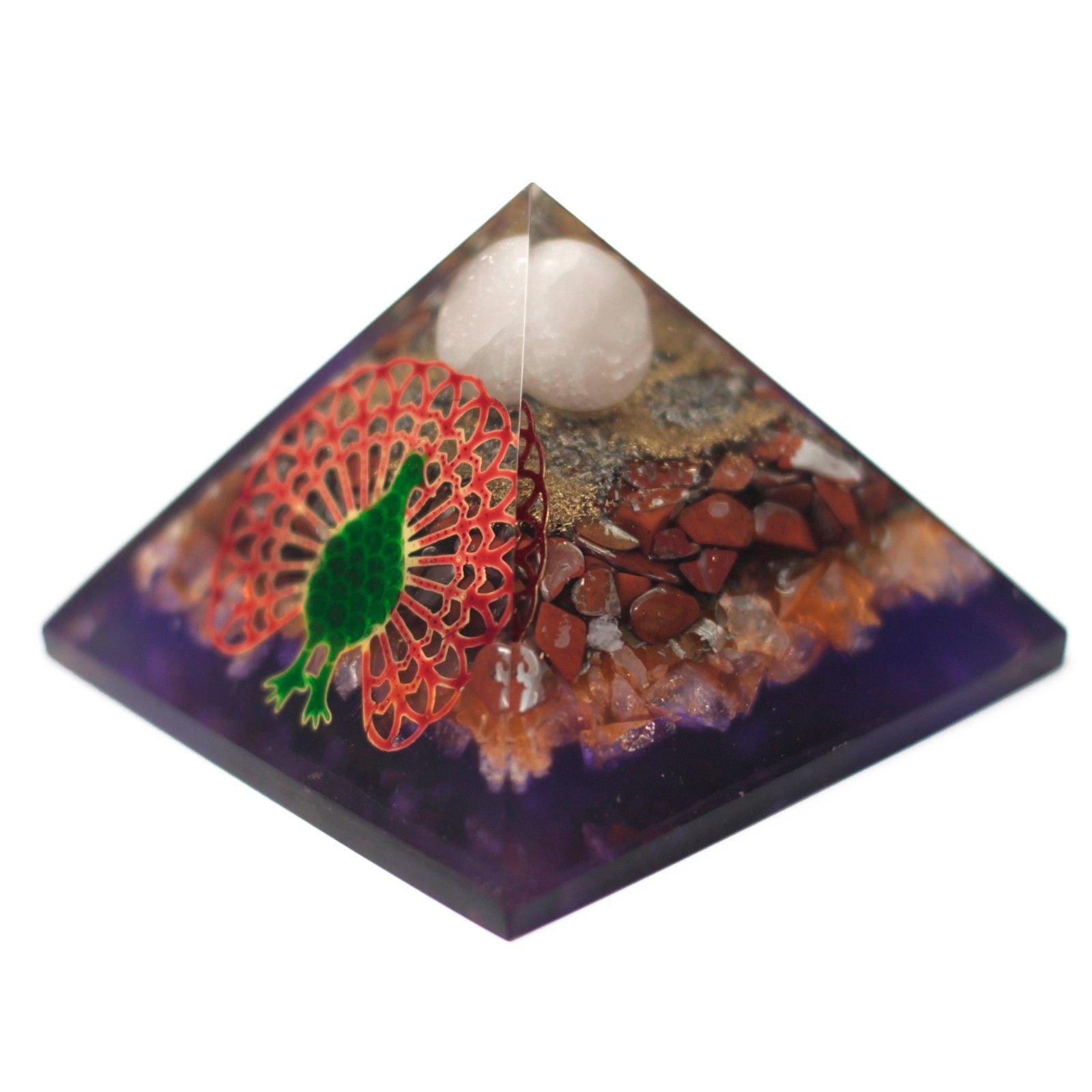 Pirâmide Orgonite 70mm - Pavão em Design Multicolorido com Pedras Preciosas e Cobre