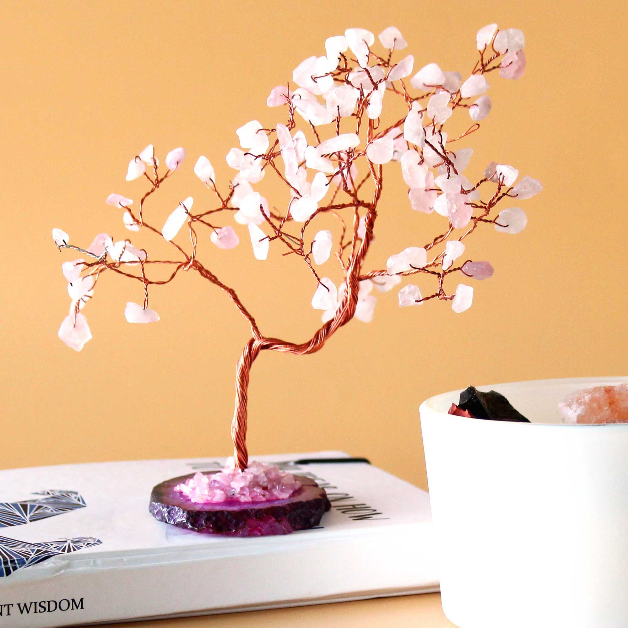 Árvore de Quartzo Rosa em Base de Ágata Rosa