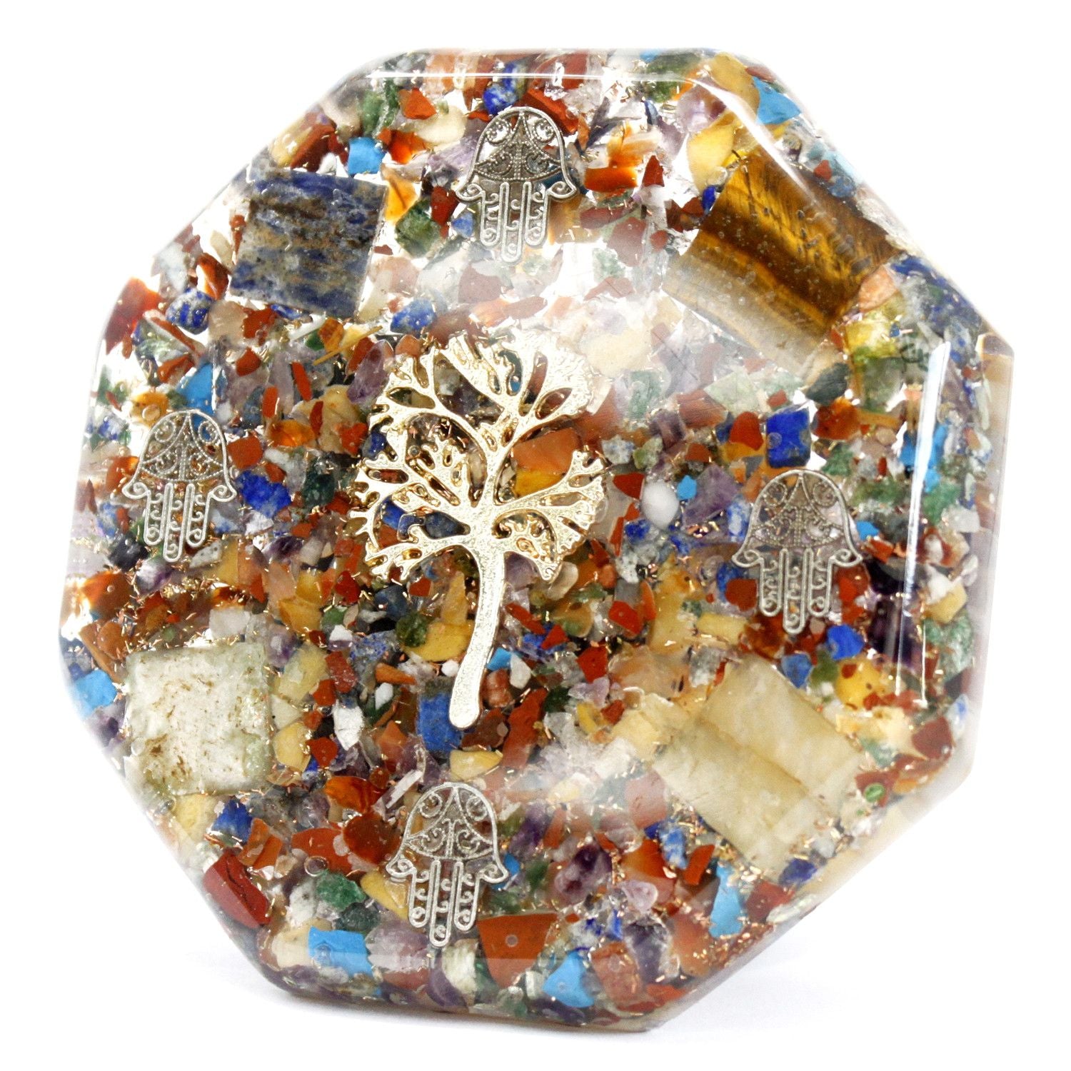 Pacote de Energia para Secretária Orgonite - Árvore da Vida - Grande - Feito à Mão com Pedras Preciosas e Cobre - Ideal para Presente - Dimensões 11 cm x 1,5 cm - Proteção contra Poluição Eletromagnética - Símbolo de Harmonia e Energia