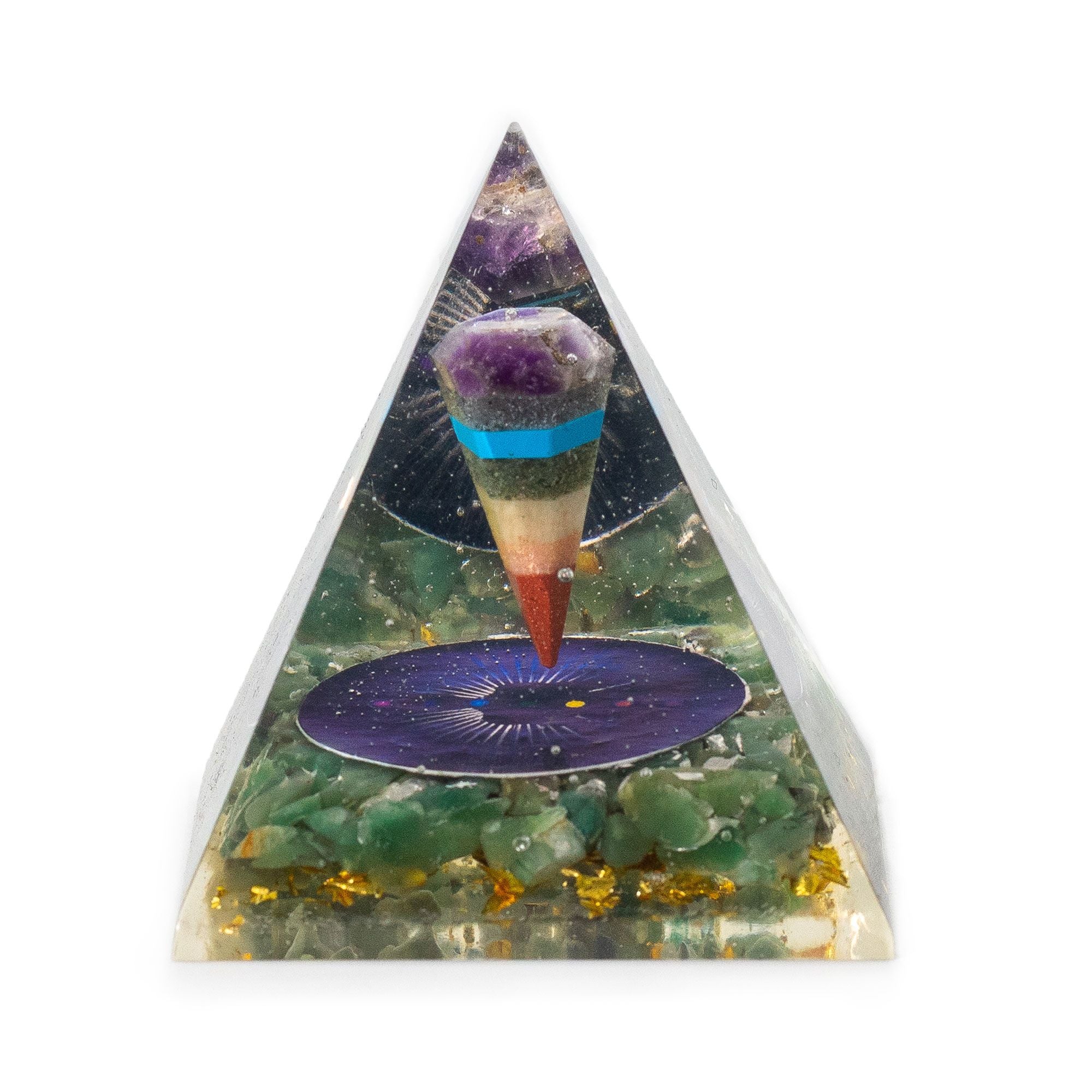 Pirâmide Média Orgonite com Pêndulo e Chips Verdes de Aventurina 7x6 cm