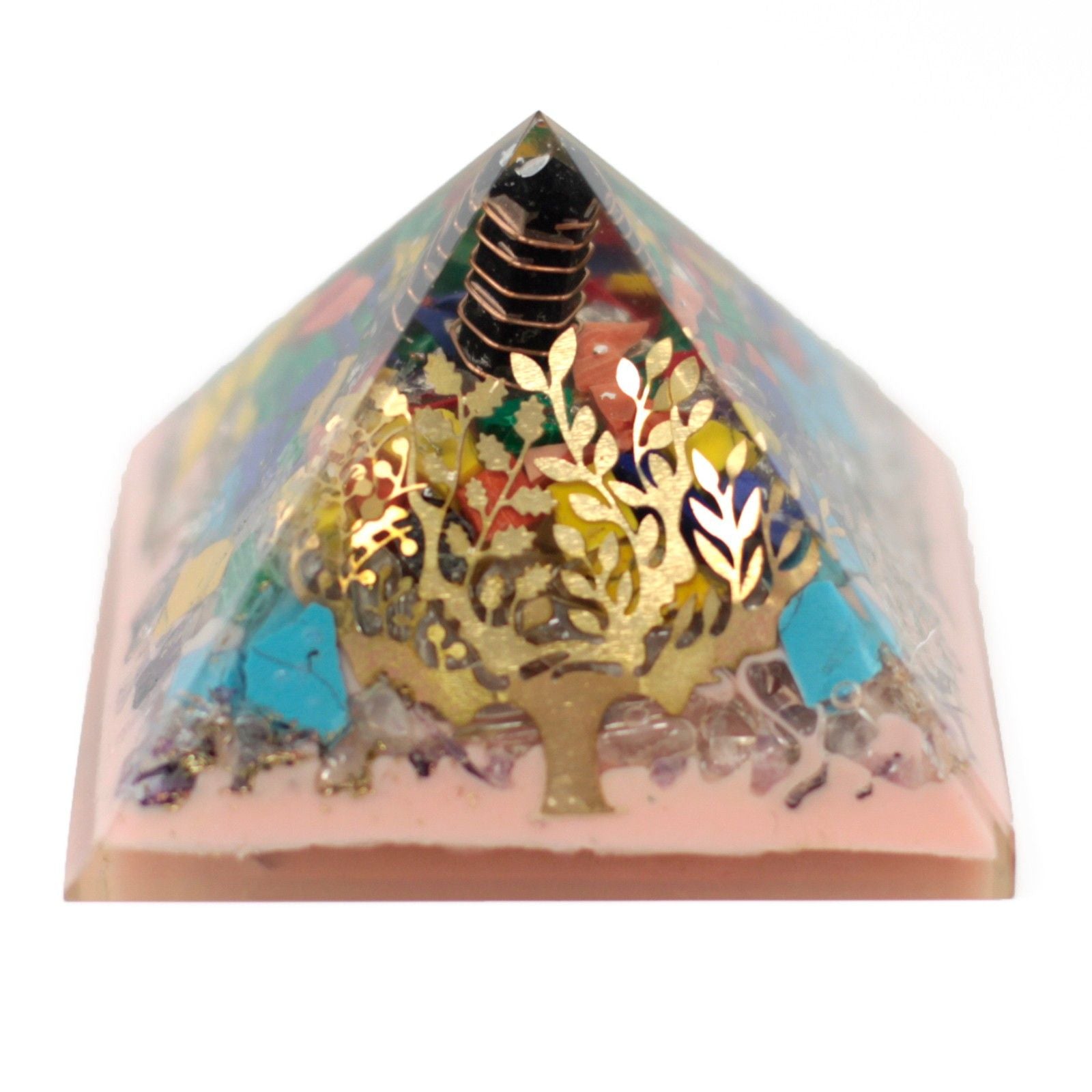 Pirâmide Orgonite 70mm - Árvore com pedras preciosas, cobre e inserções metálicas