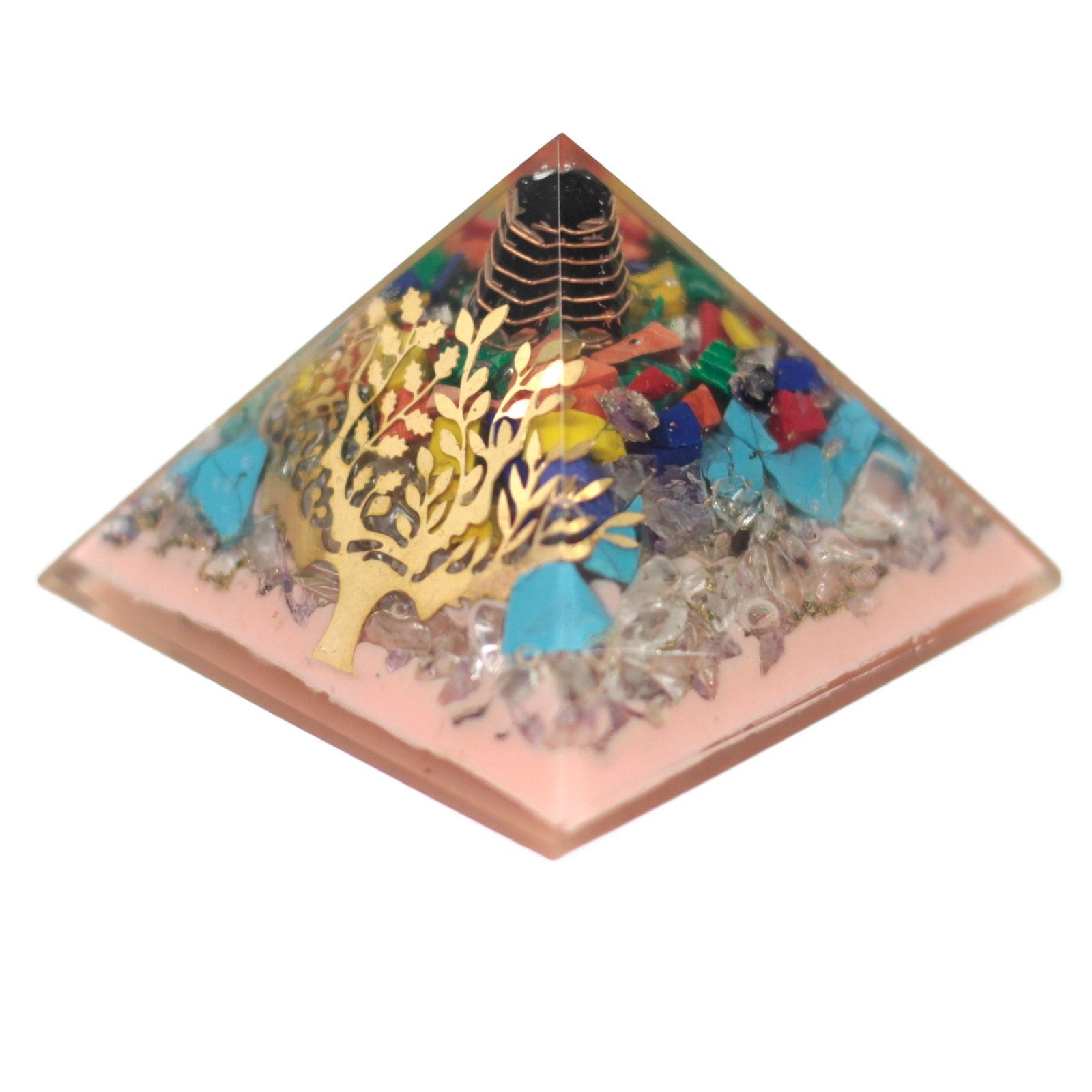 Pirâmide Orgonite 70mm - Árvore com pedras preciosas, cobre e inserções metálicas