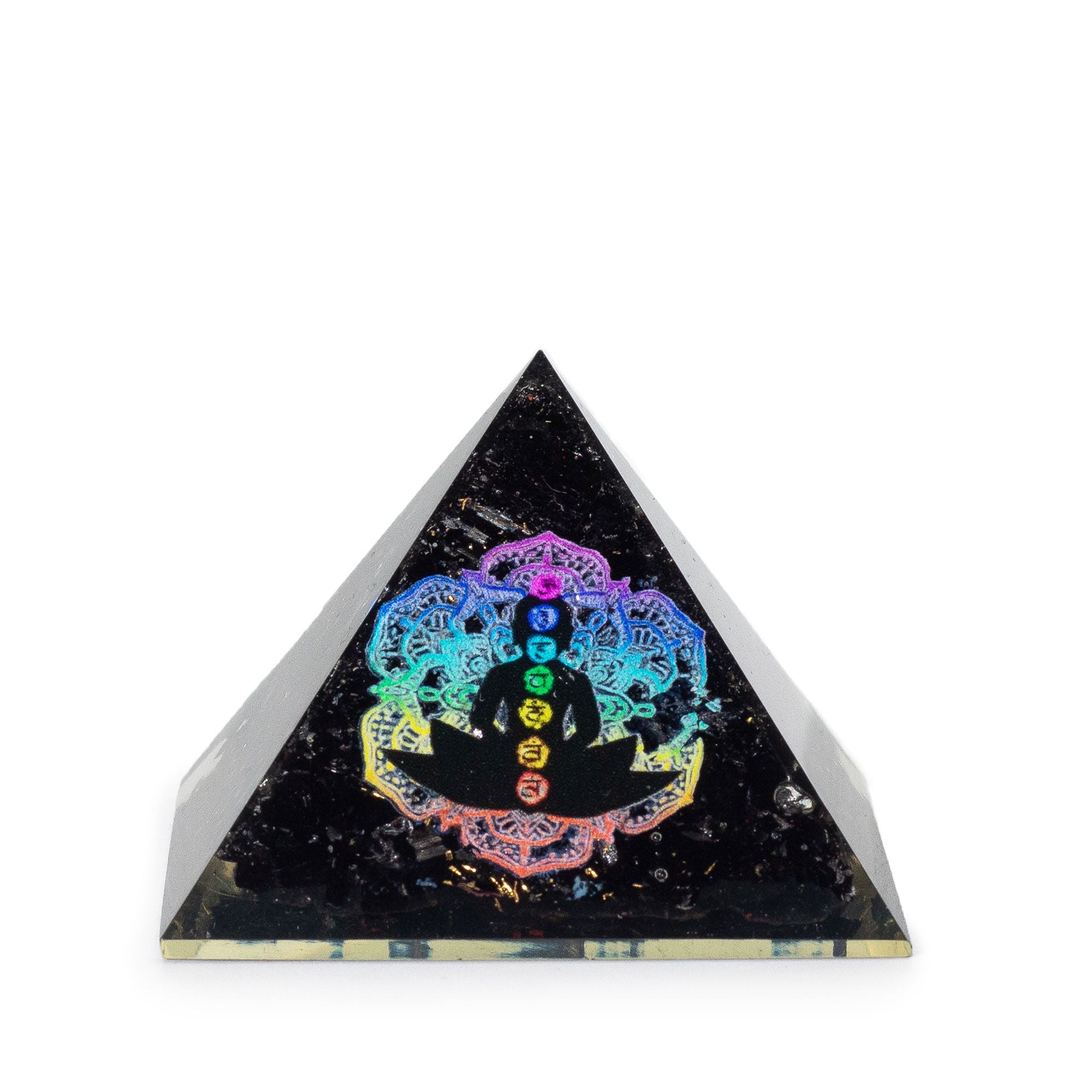 Pequena Pirâmide Orgonite de Turmalina Negra 5,5x4,5cm com Motivo de Buda Chakras