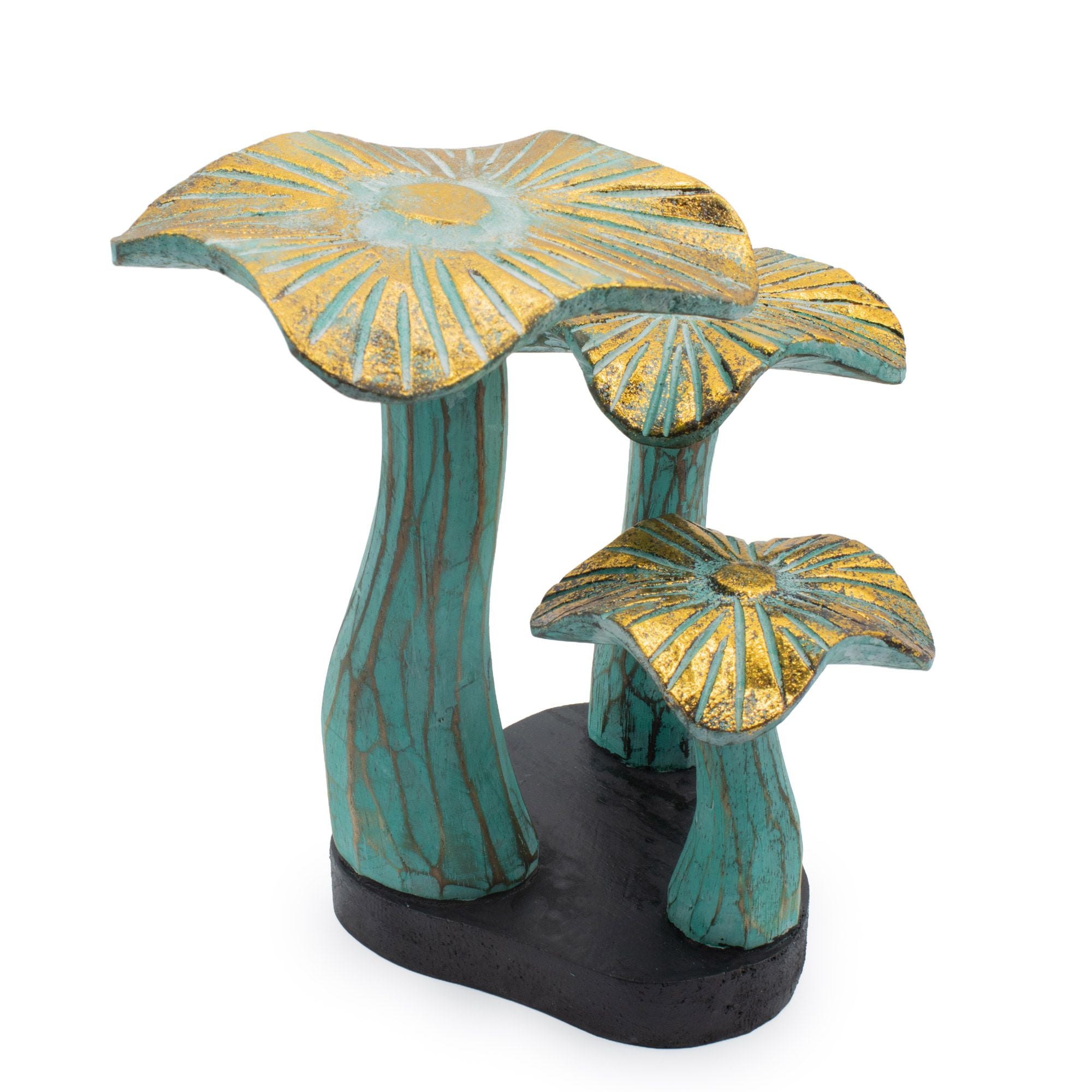 Pequeno Cogumelo Dourado Artístico 20 cm - Feito à Mão em Madeira com Tons Turquesa