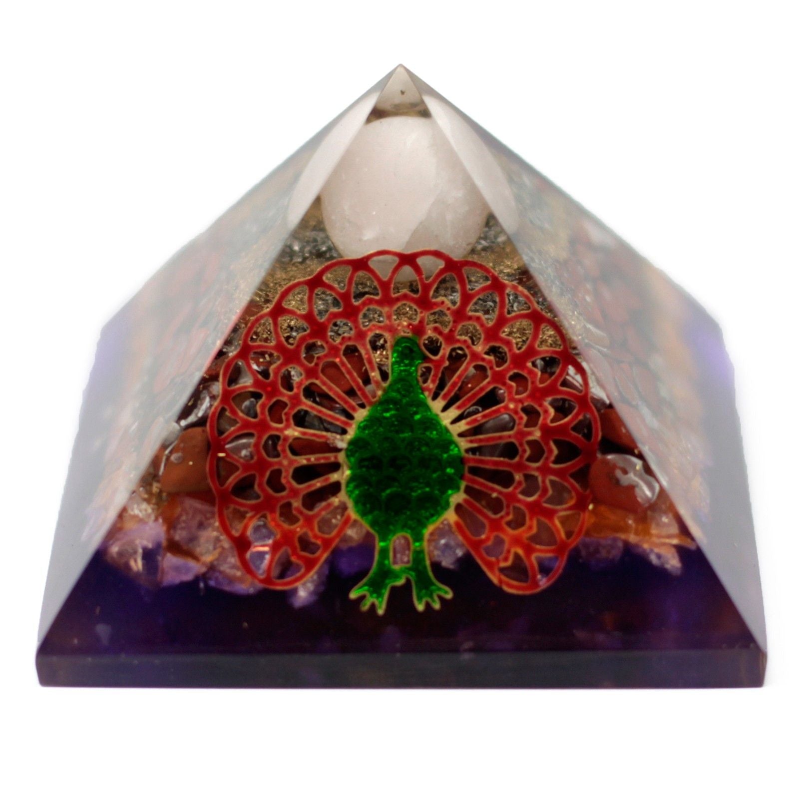 Pirâmide Orgonite 70mm - Pavão em Design Multicolorido com Pedras Preciosas e Cobre