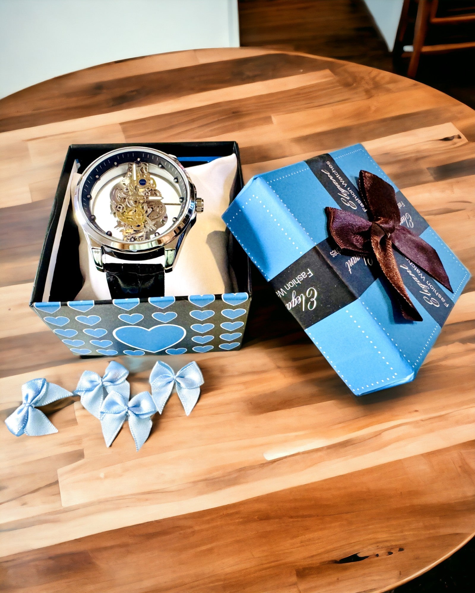 Relógio Masculino de Quartzo com Mostrador Transparente - Elegância Clássica em uma Versão Moderna, correia preta. Personalização com gravação