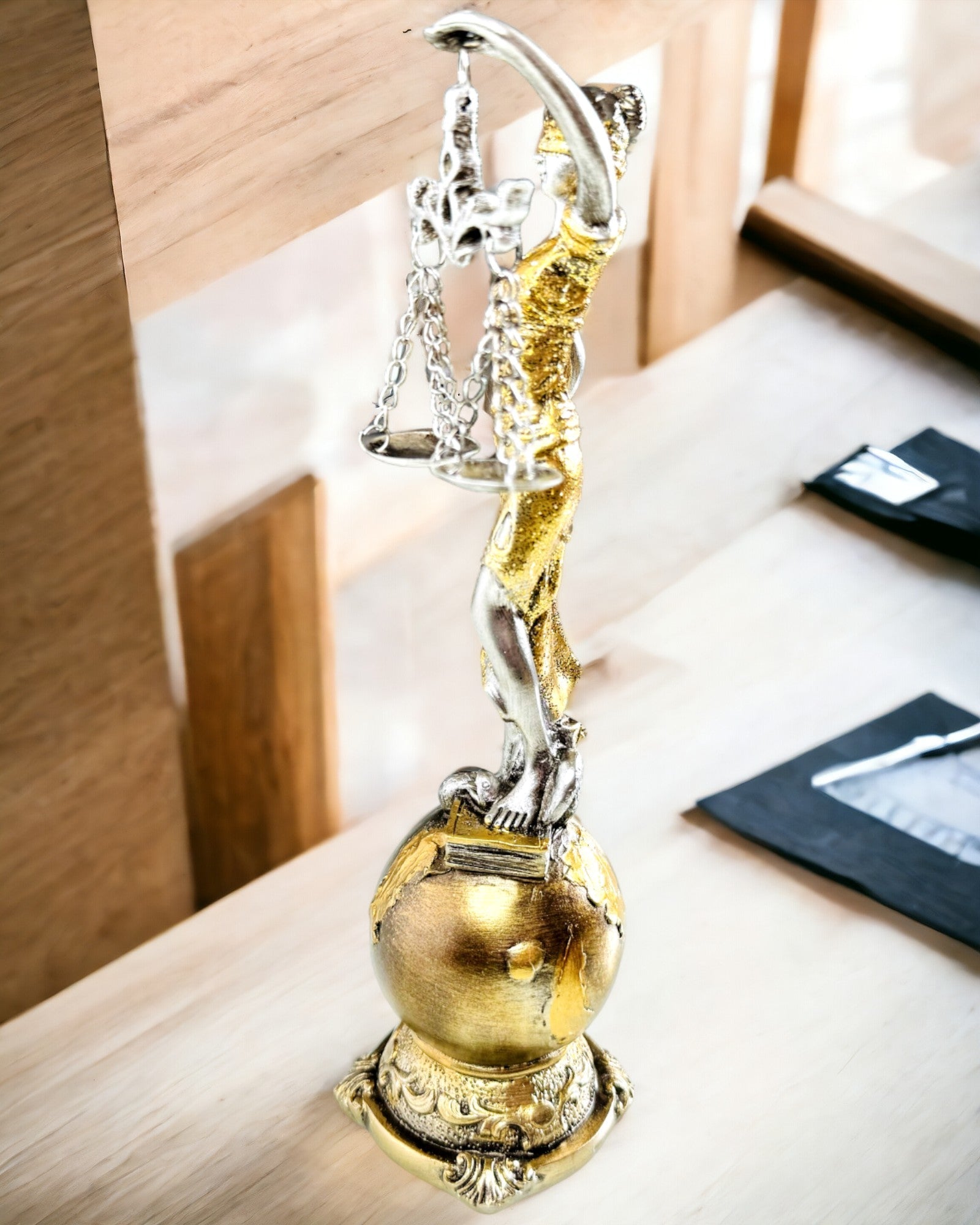 Estatueta Deusa da Justiça – Decoração Artística para Prateleira, Artesanato em Resina, personalização com gravação