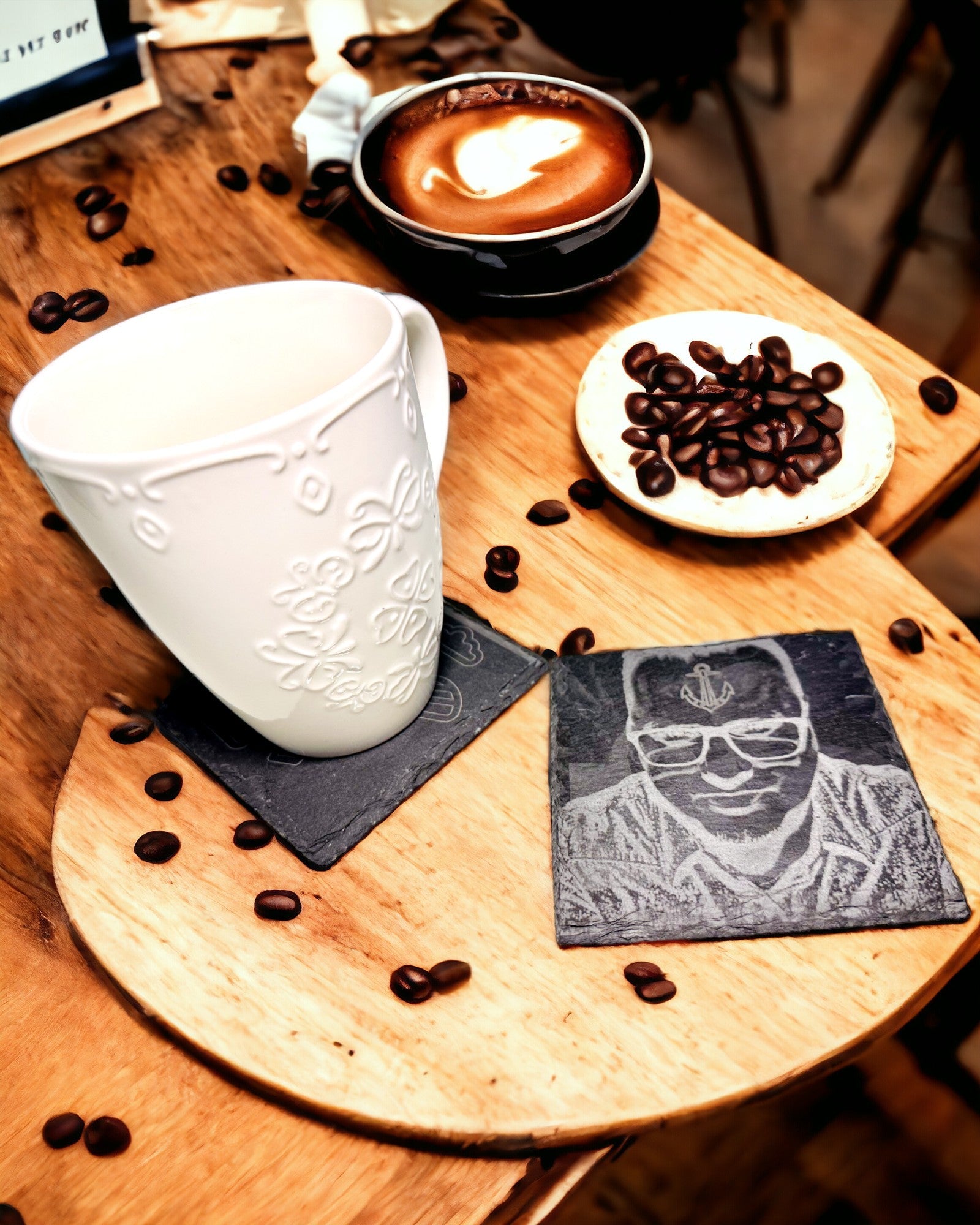 Base para café, chá em Pedra Natural com Gravação Personalizada – Quadrado, círculo, hexágono, 10 cm