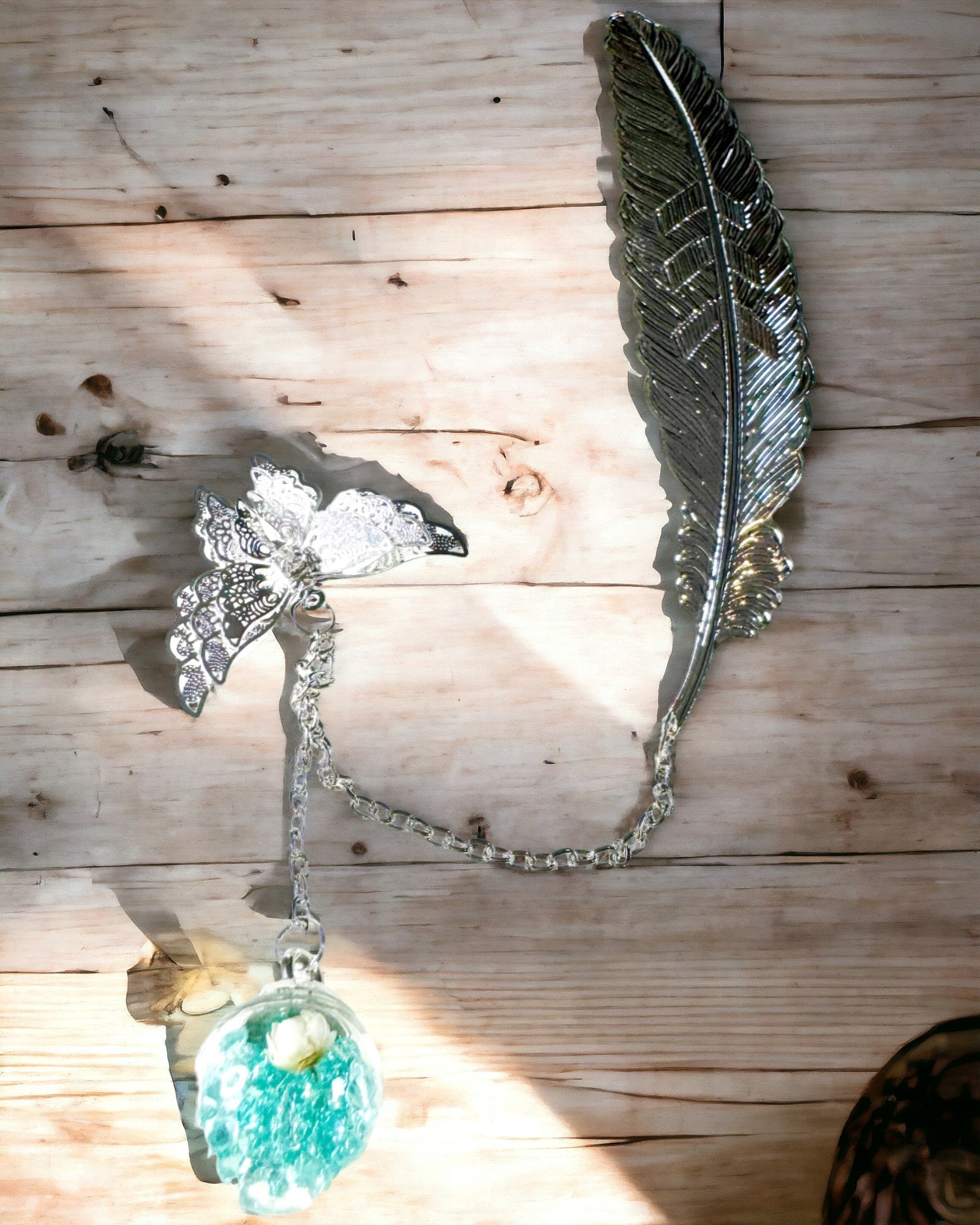 Marcador de Livro Criativo em Estilo Retro com Motivo de Pena e Borboleta – Elegante Presente Promocional, Cor Prateado/Azul