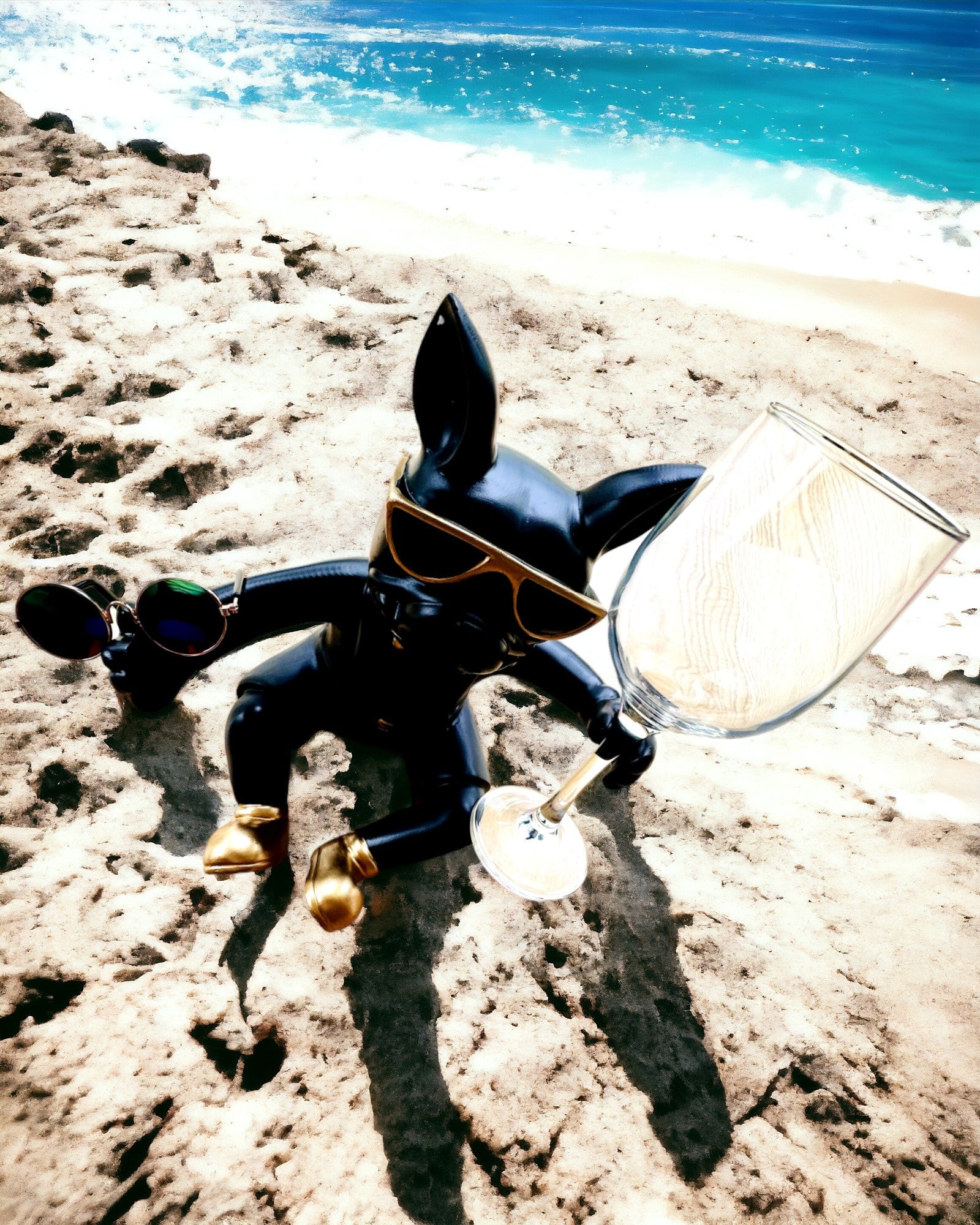 Estatueta Exclusiva "Bulldog Estiloso", cor preta, suporte para copo de vinho ou champanhe, personalização com gravação