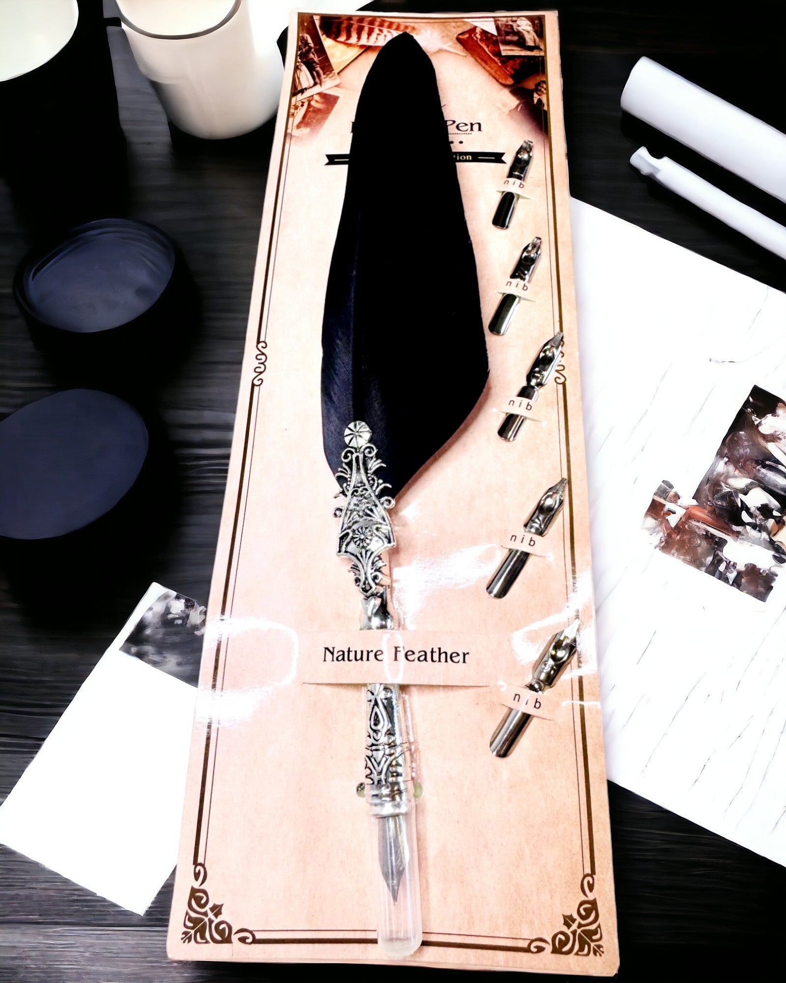 Caneta de Caligrafia Vintage com Pena de Ganso Natural – Presente Ideal para o Dia da Mãe ou do Professor. Gravura