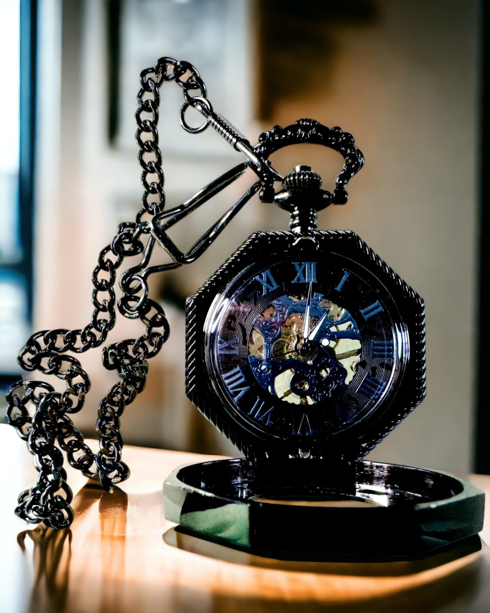 Relógio de Bolso Mecânico Clássico Octogonal Steampunk em Preto, Gravado
