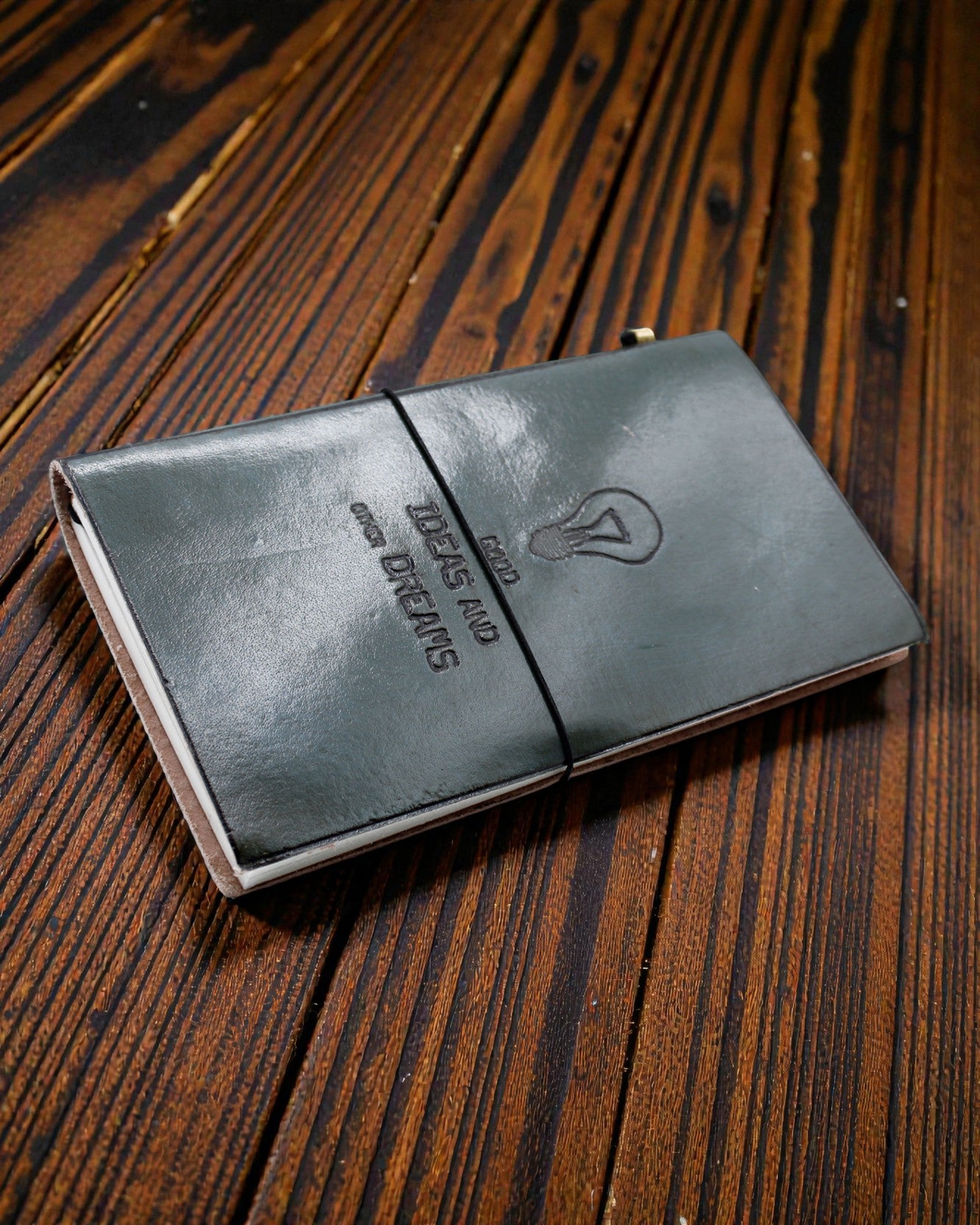 Diário de couro feito à mão - Boas Ideias e Outros Sonhos - Cinzento (80 páginas)