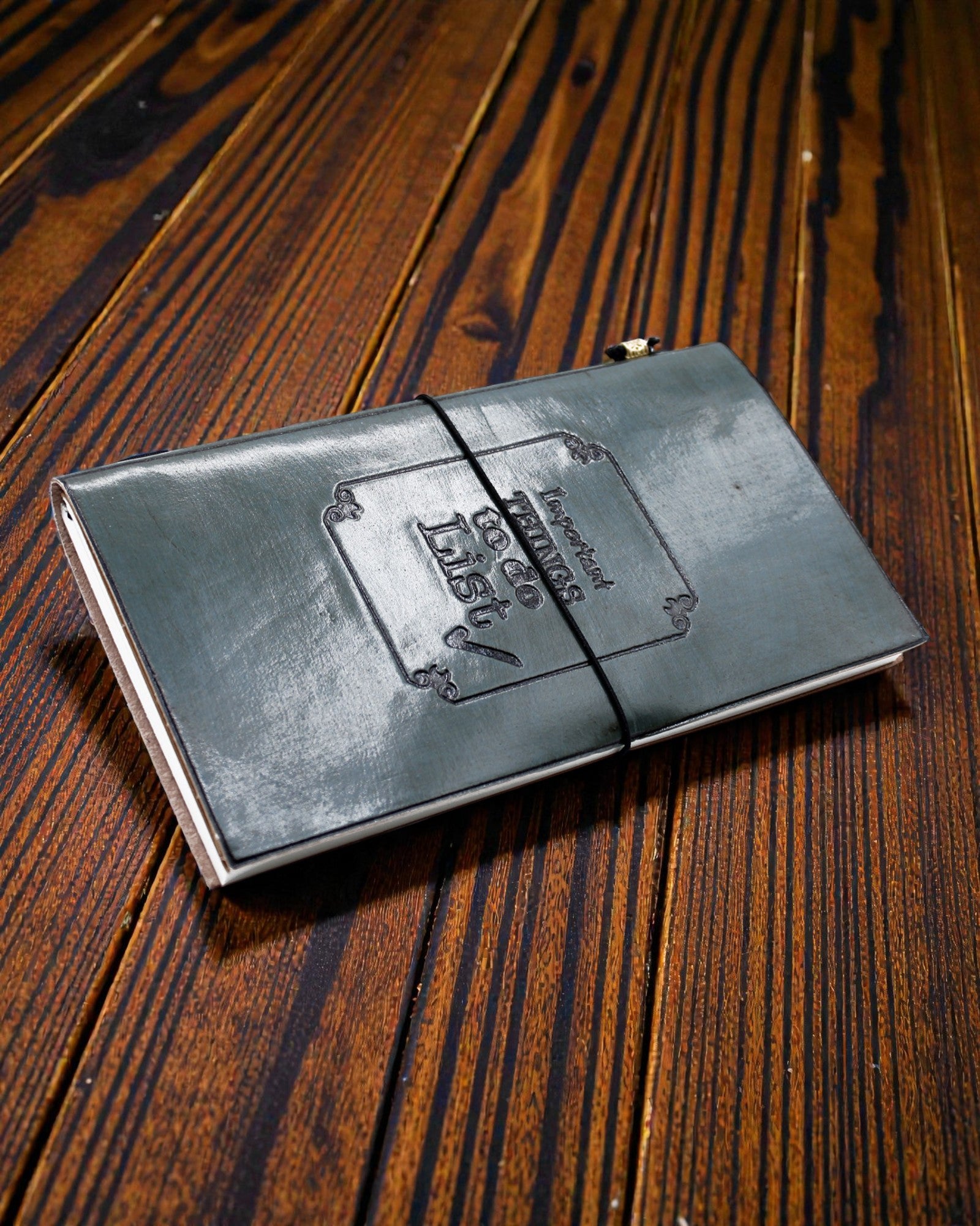 Important Things to Do – caderno em pele cinzento feito à mão 22 × 12 × 1,5 cm, 80 páginas