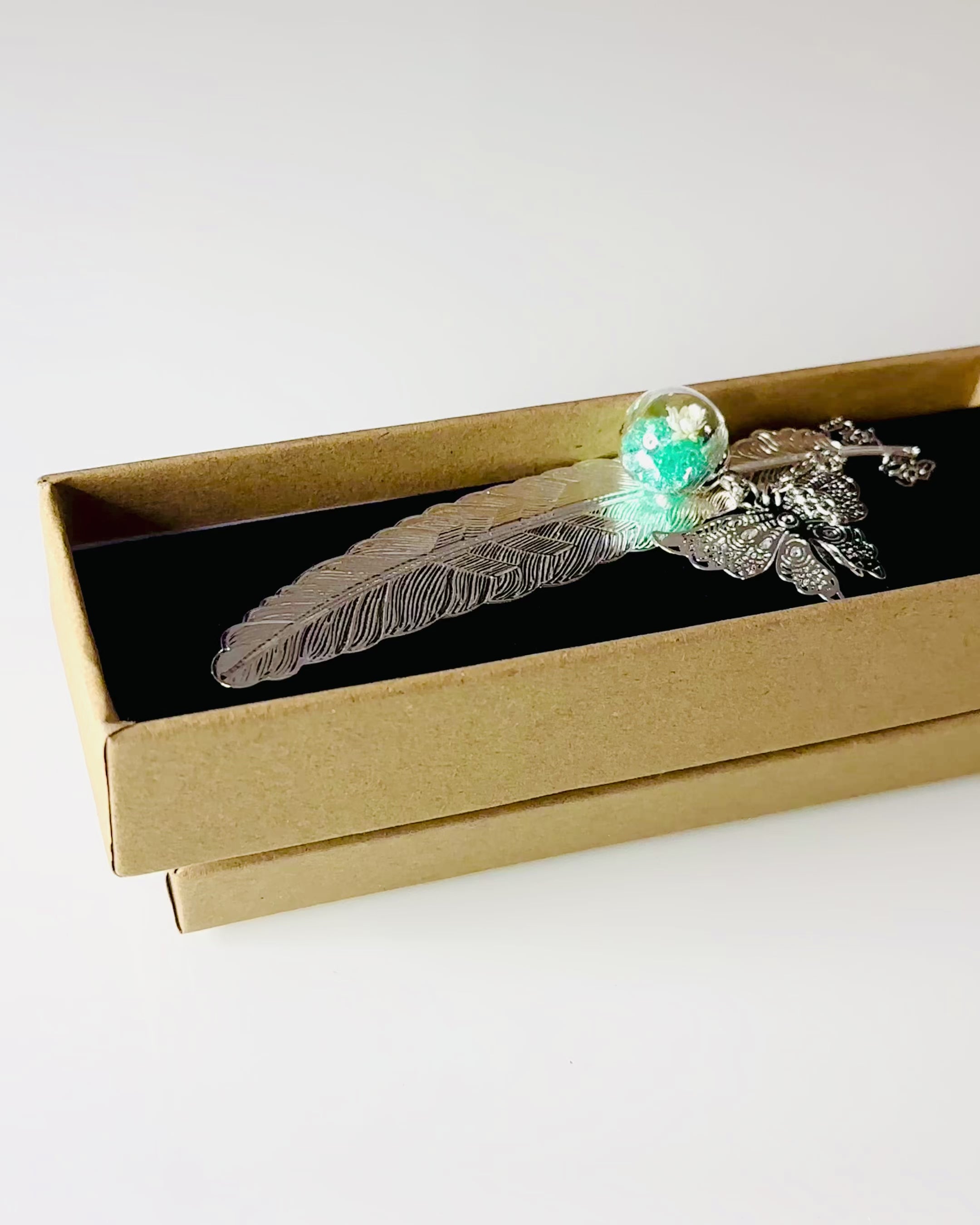 Marcador de Livro Criativo em Estilo Retro com Motivo de Pena e Borboleta – Elegante Presente Promocional, Cor Prateado/Azul