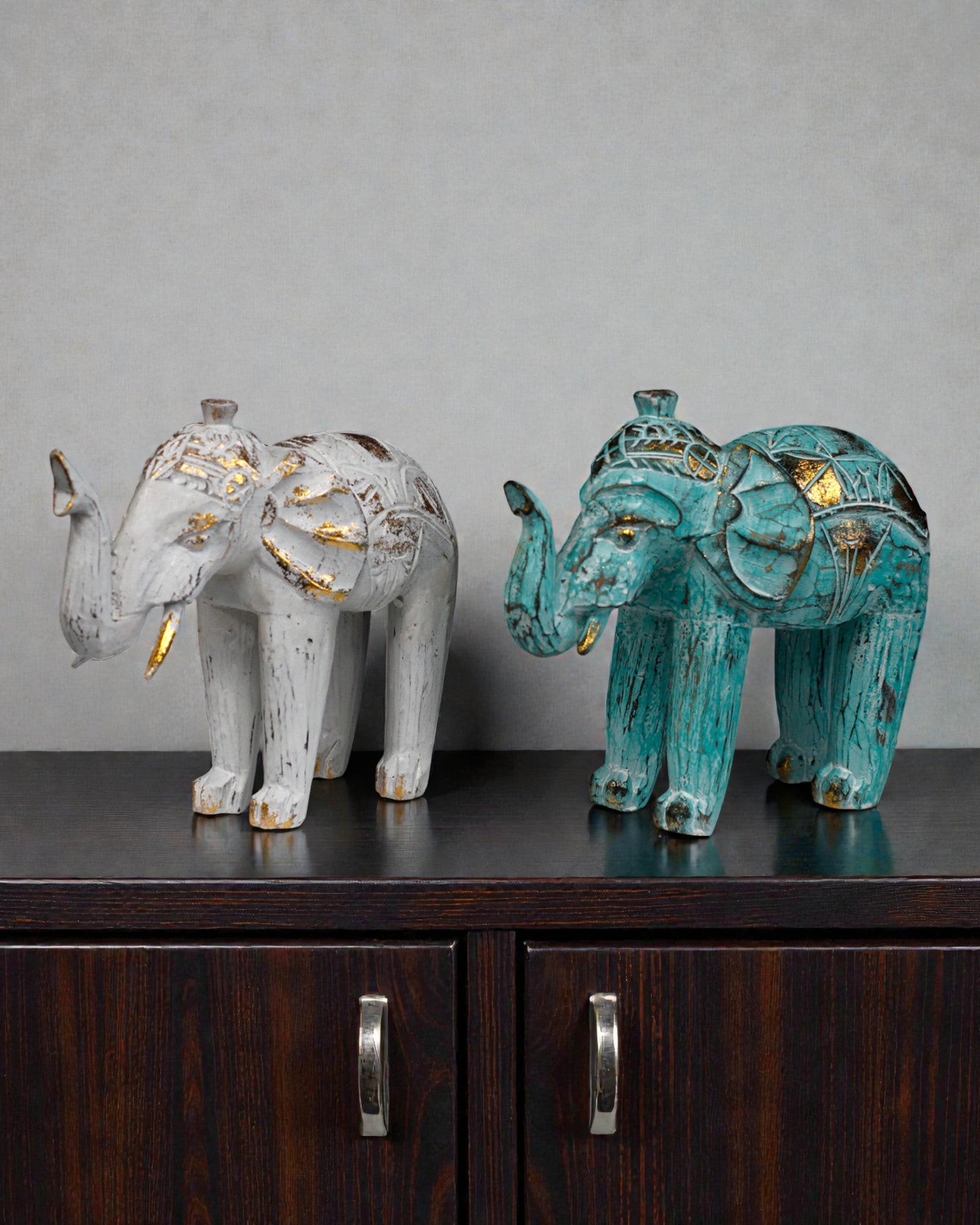 Escultura de Elefante 24 cm – Turquesa e Dourado