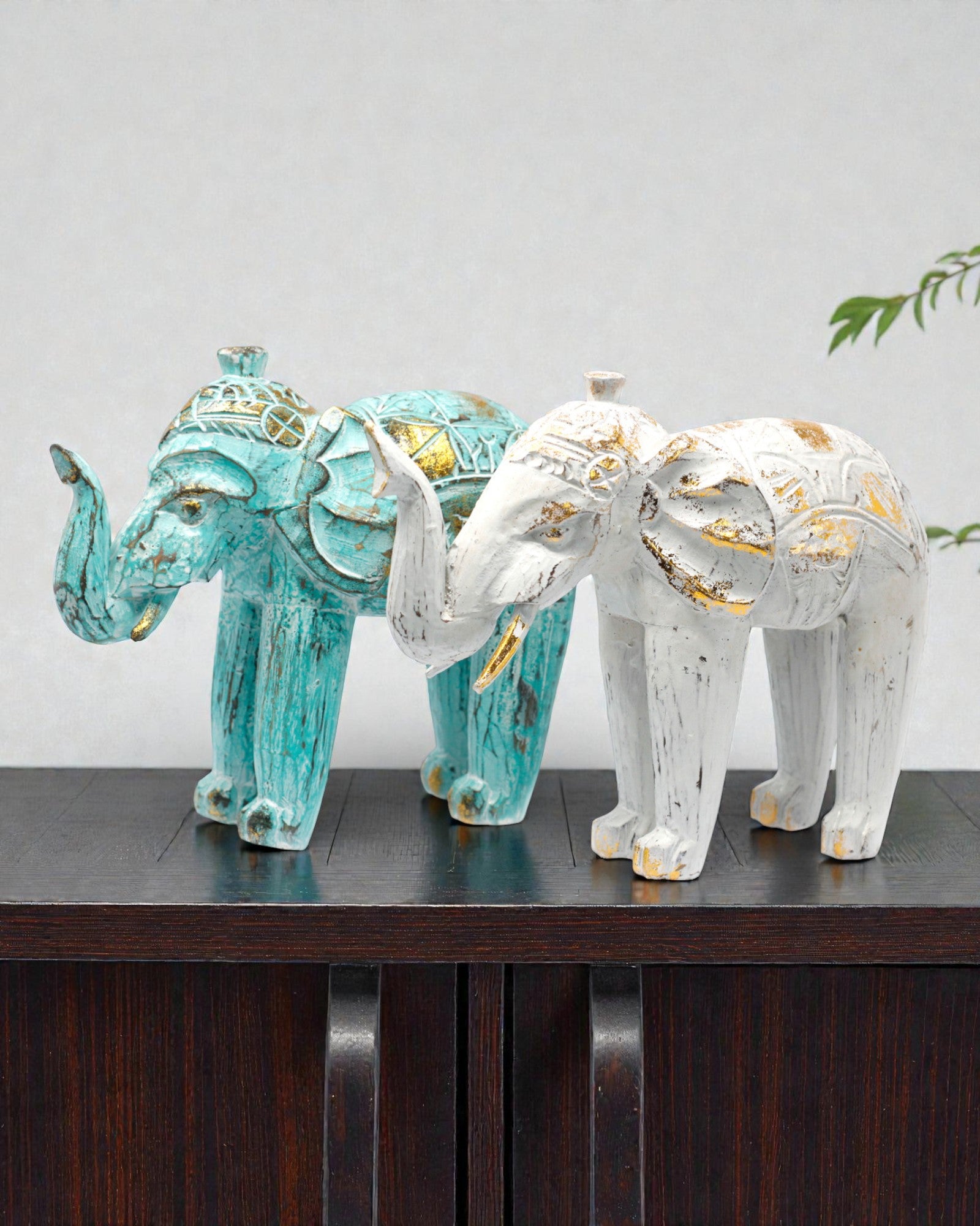 Escultura de Elefante 24 cm – Turquesa e Dourado