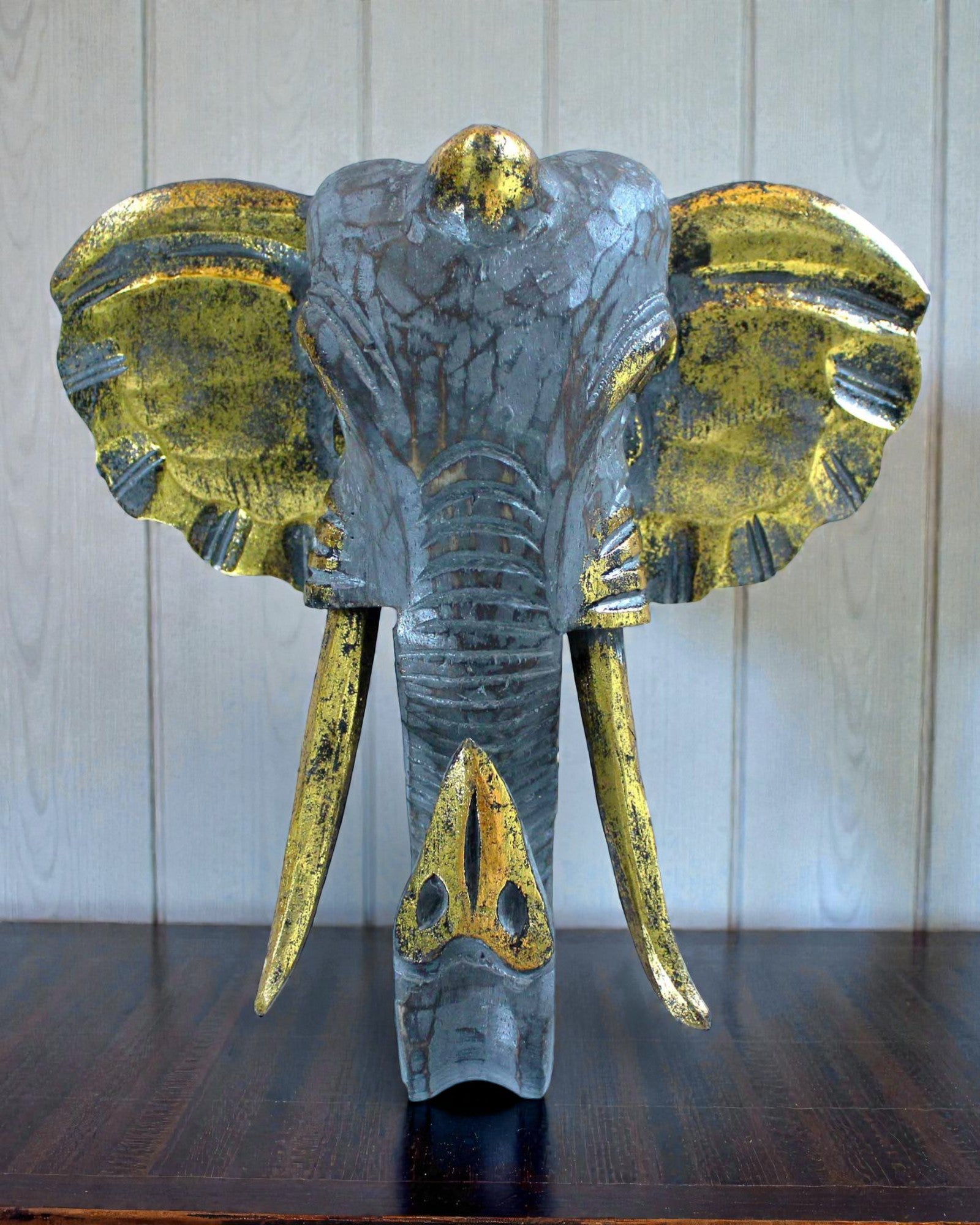 Cabeça Grande de Elefante 29x26 cm – Cinzento, azul e Dourado