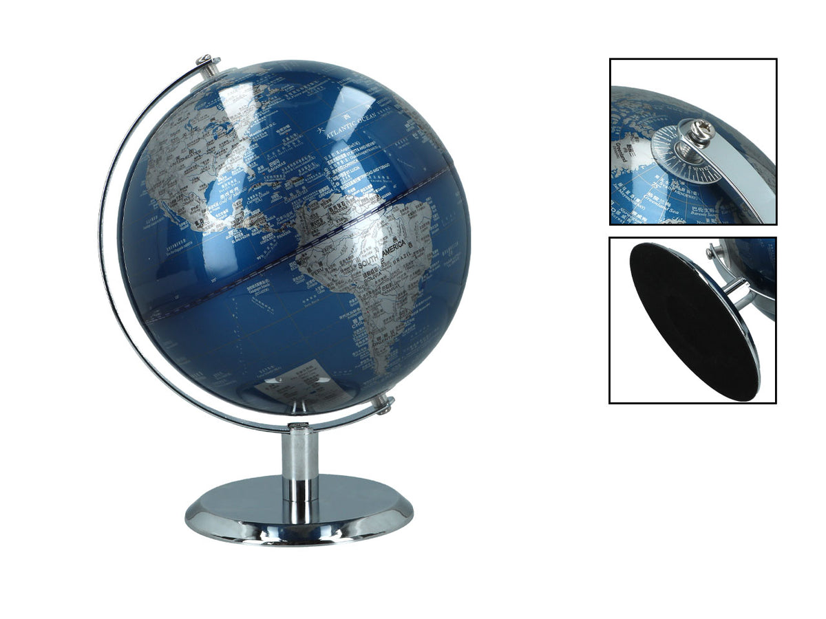 Globo decorativo pequeno em tons de azul e prateado, com possibilidade de personalização por gravação, ideal como presente, altura de 20 cm, elegante decoração para a sala com nomes geográficos em inglês e chinês.