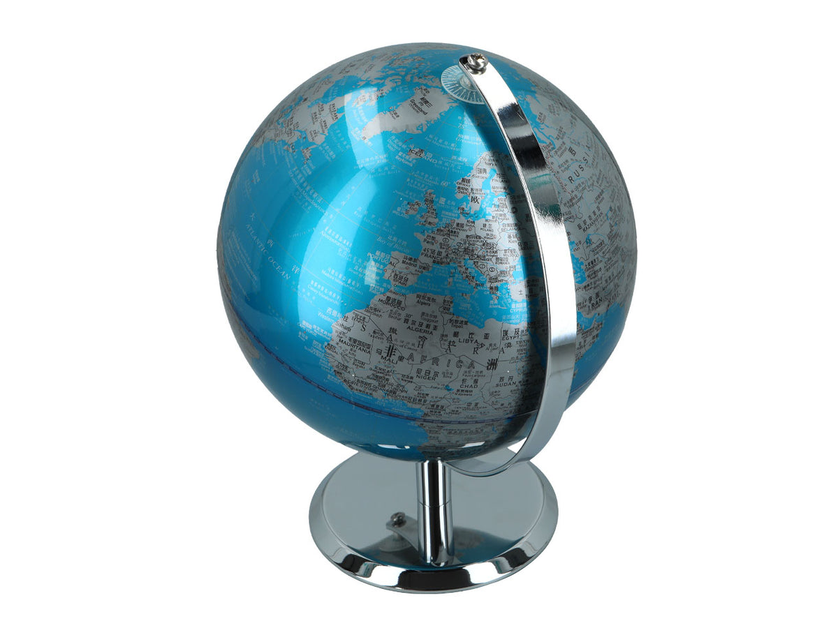 Globo decorativo grande em azul e prateado, com possibilidade de personalização por gravação, 23 cm de altura