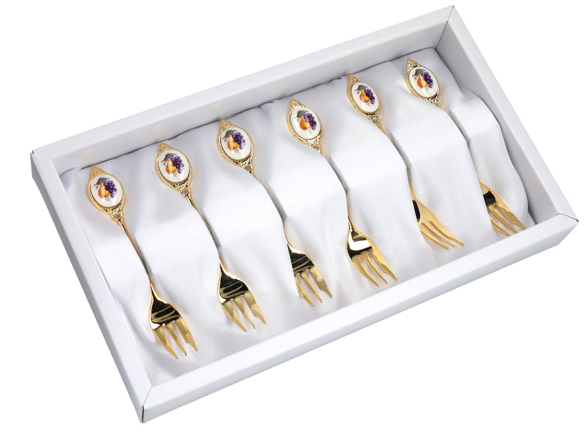 Conjunto de 6 garfinhos revestidos a ouro de 24K, com motivo de frutos