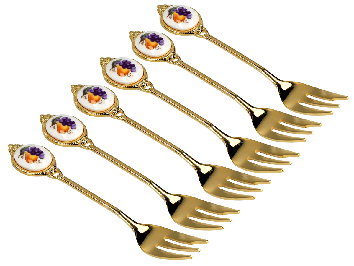 Conjunto de 6 garfinhos revestidos a ouro de 24K, com motivo de frutos