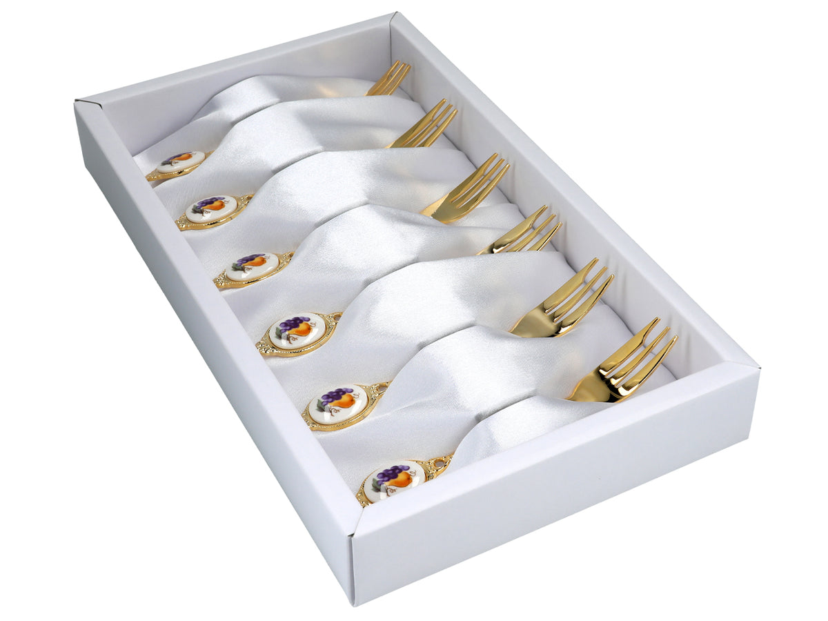 Conjunto de 6 garfinhos revestidos a ouro de 24K, com motivo de frutos