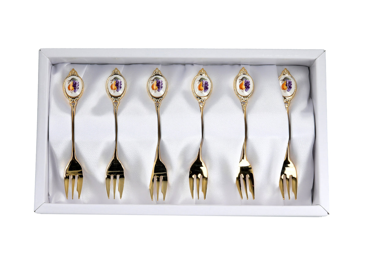 Conjunto de 6 garfinhos revestidos a ouro de 24K, com motivo de frutos