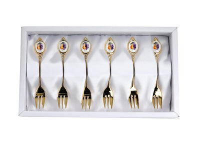 Conjunto de 6 garfinhos revestidos a ouro de 24K, com motivo de frutos