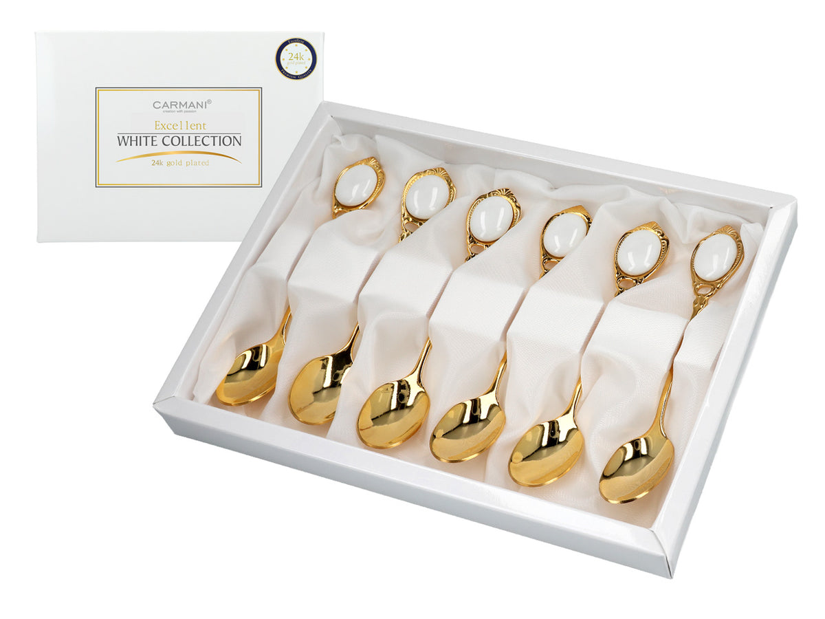 Conjunto de 6 colheres de chá revestidas a ouro de 24K, Olhinhos Brancos CARMANI, personalizável com gravação - um presente elegante para qualquer ocasião, dimensões: 13 cm