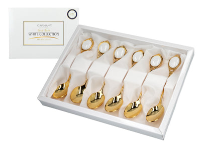 Conjunto de 6 colheres de chá revestidas a ouro de 24K, Olhinhos Brancos CARMANI, personalizável com gravação - um presente elegante para qualquer ocasião, dimensões: 13 cm