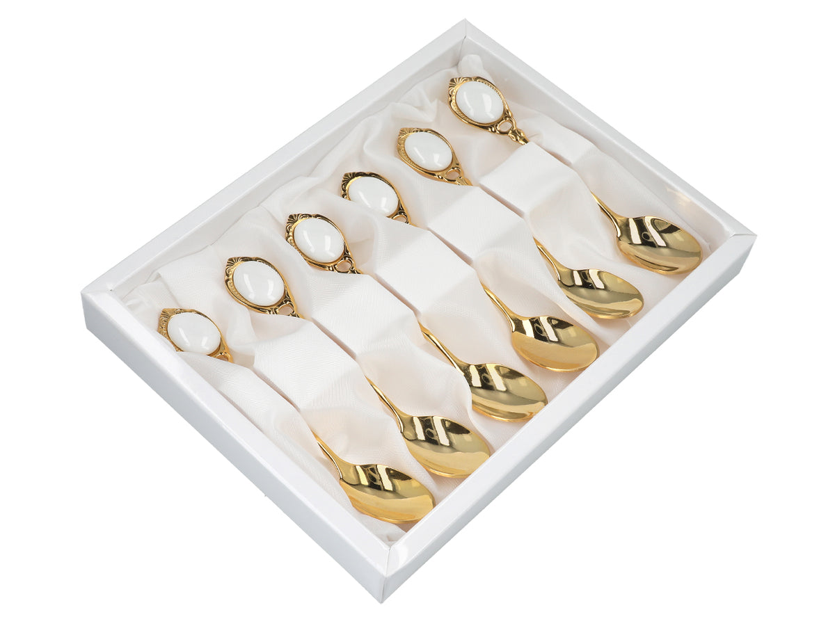 Conjunto de 6 colheres de chá revestidas a ouro de 24K, Olhinhos Brancos CARMANI, personalizável com gravação - um presente elegante para qualquer ocasião, dimensões: 13 cm