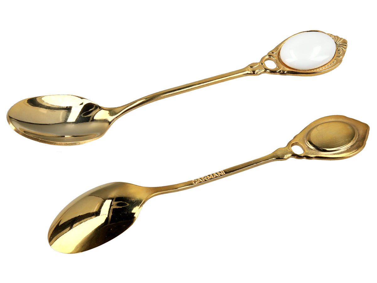 Conjunto de 6 colheres de chá revestidas a ouro de 24K, Olhinhos Brancos CARMANI, personalizável com gravação - um presente elegante para qualquer ocasião, dimensões: 13 cm