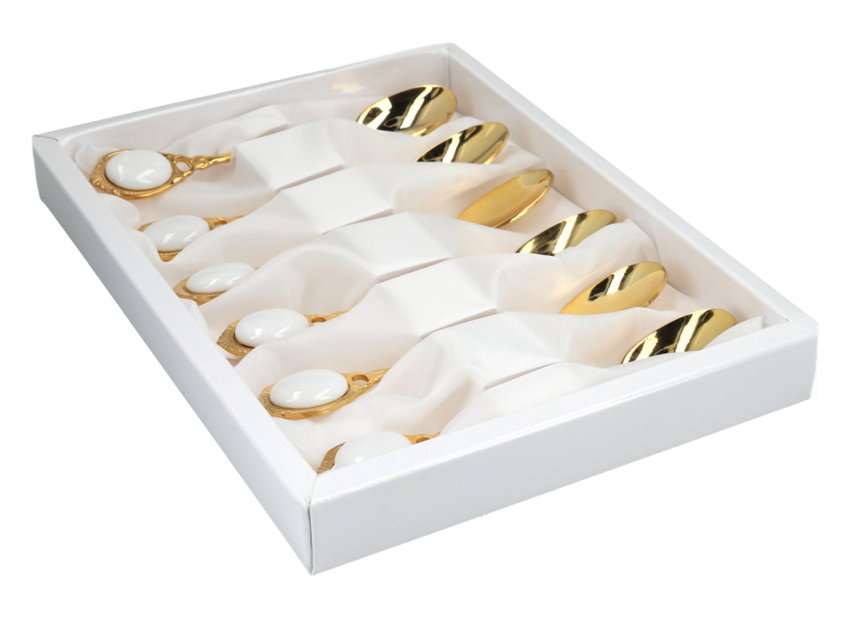 Conjunto de 6 colheres de chá revestidas a ouro de 24K, Olhinhos Brancos CARMANI, personalizável com gravação - um presente elegante para qualquer ocasião, dimensões: 13 cm