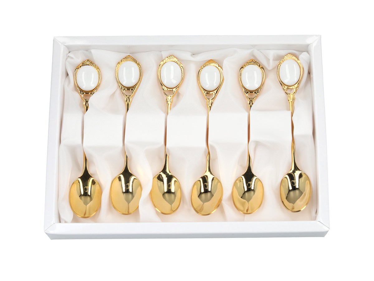 Conjunto de 6 colheres de chá revestidas a ouro de 24K, Olhinhos Brancos CARMANI, personalizável com gravação - um presente elegante para qualquer ocasião, dimensões: 13 cm