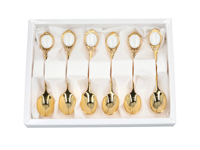Conjunto de 6 colheres de chá revestidas a ouro de 24K, Olhinhos Brancos CARMANI, personalizável com gravação - um presente elegante para qualquer ocasião, dimensões: 13 cm