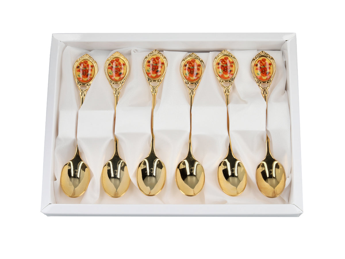 Conjunto de 6 colheres douradas com motivo dos Girassóis de Vincent van Gogh