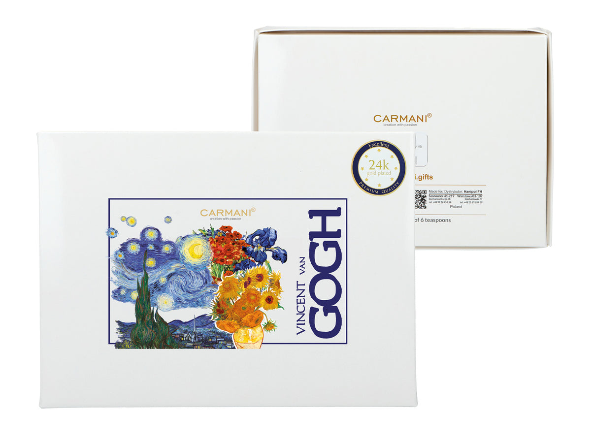 Conjunto de 6 colheres douradas com motivo dos Girassóis de Vincent van Gogh