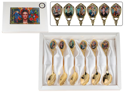 Conjunto de 6 colheres revestidas a ouro de 24K F. Kahlo, com possibilidade de personalização por gravação - talheres elegantes para oferecer, 13 cm, CARMANI