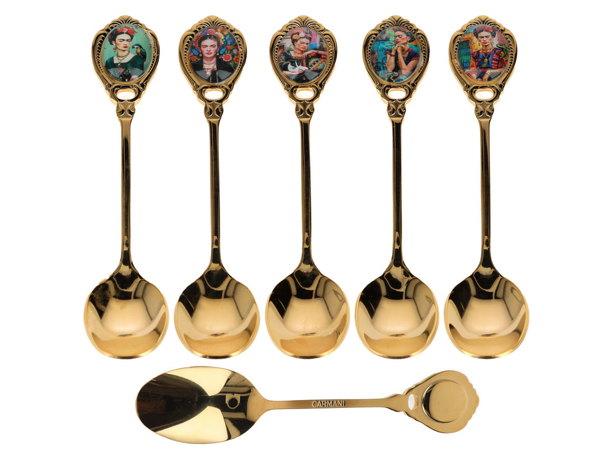 Conjunto de 6 colheres revestidas a ouro de 24K F. Kahlo, com possibilidade de personalização por gravação - talheres elegantes para oferecer, 13 cm, CARMANI