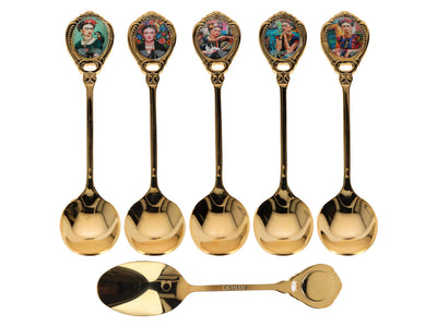 Conjunto de 6 colheres revestidas a ouro de 24K F. Kahlo, com possibilidade de personalização por gravação - talheres elegantes para oferecer, 13 cm, CARMANI