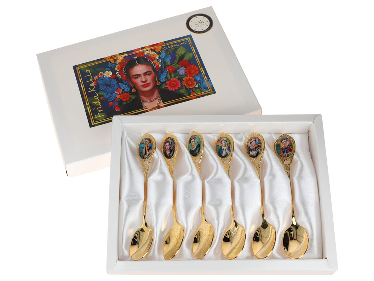 Conjunto de 6 colheres revestidas a ouro de 24K F. Kahlo, com possibilidade de personalização por gravação - talheres elegantes para oferecer, 13 cm, CARMANI