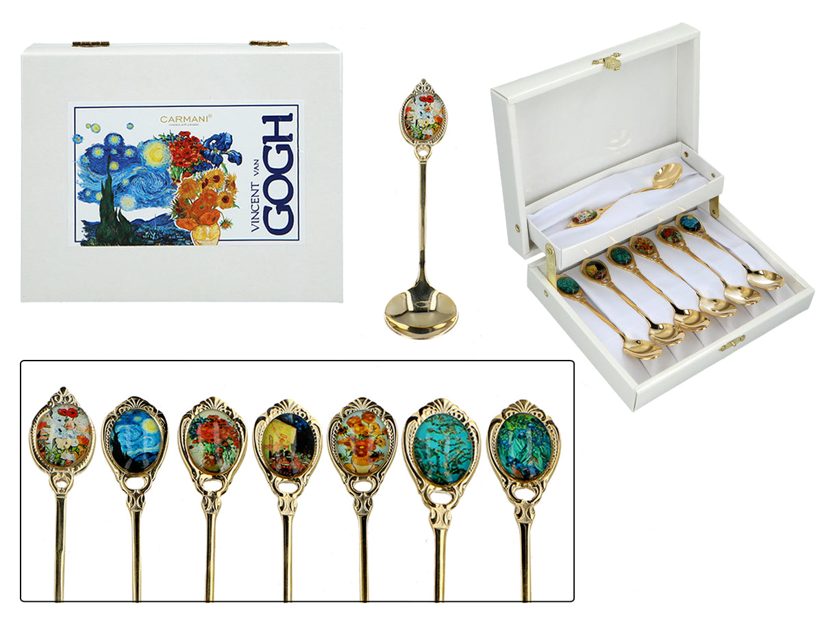 Conjunto de 6 colheres revestidas a ouro de 24K com 1 colher para açúcar - V. van Gogh, sortido, possibilidade de personalização por gravação, embalagem elegante para presente, dimensões 13 cm