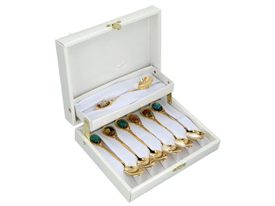 Conjunto de 6 colheres revestidas a ouro de 24K com 1 colher para açúcar - V. van Gogh, sortido, possibilidade de personalização por gravação, embalagem elegante para presente, dimensões 13 cm