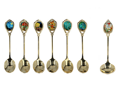 Conjunto de 6 colheres revestidas a ouro de 24K com 1 colher para açúcar - V. van Gogh, sortido, possibilidade de personalização por gravação, embalagem elegante para presente, dimensões 13 cm