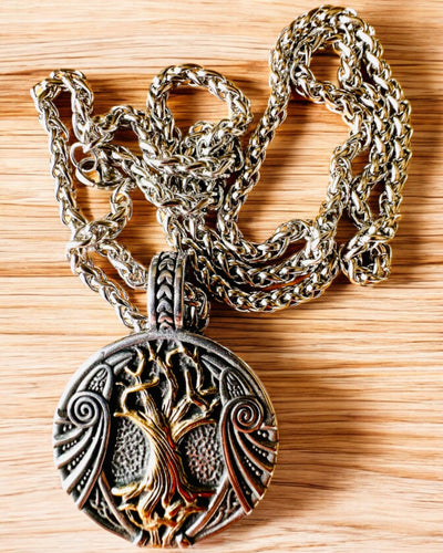 Colar "Árvore da Vida" em aço inoxidável com personalização, com o símbolo Aegishjalmur, (Capacete do Terror)