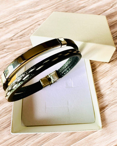 Pulseira Desportiva de Pele PU e Aço Inoxidável com Possibilidade de Gravação – 3 Cores