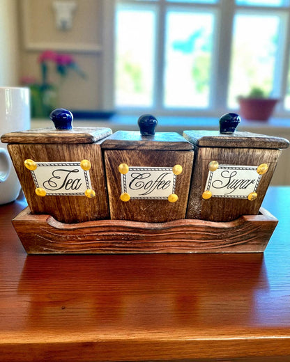 Conjunto Royal Trio – Chá, Café, Açúcar de madeira Shisham, feito à mão, com opção de gravação para presente