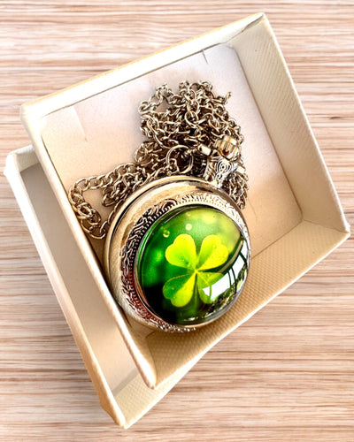 Relógio de bolso "CloverTime" com motivo de trevo de quatro folhas, possibilidade de personalização com gravação para presente